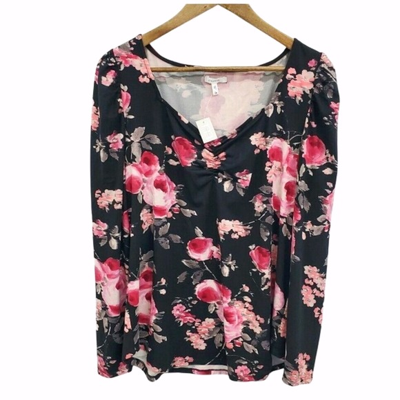 Maurices Tops - NWT Black Pink Floral Long Sleeve Sweetheart Neck Stretch Romantic Top Womens 0X